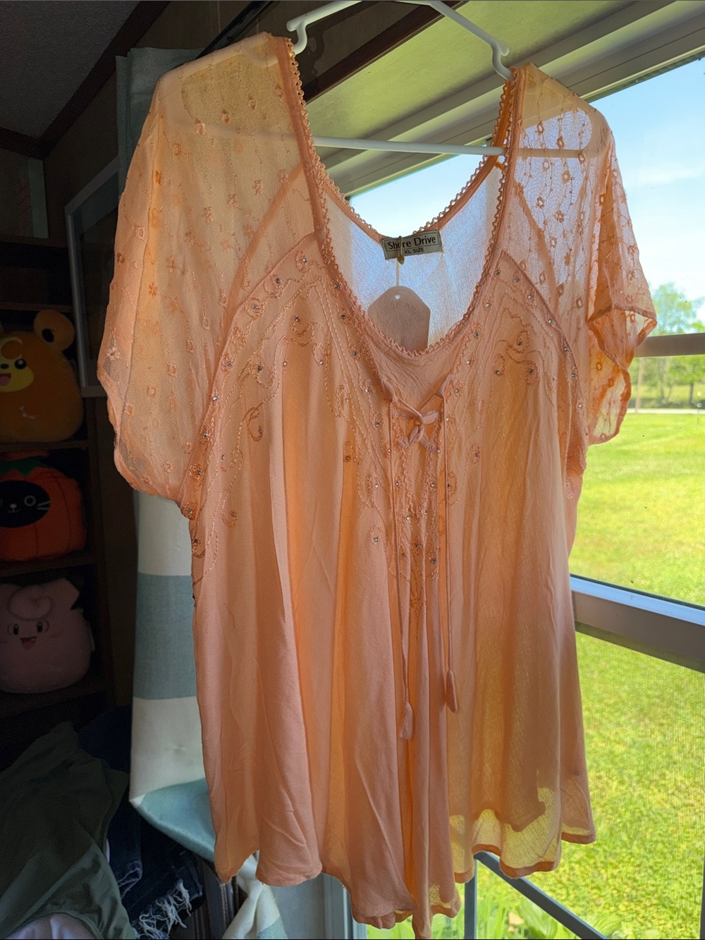 Embroidered Peach V-Neck Women's Blouse with Tie Front - Picture 6 of 6
